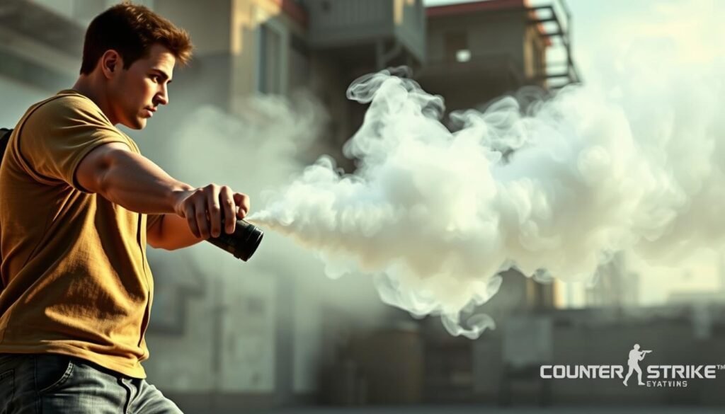 A dynamic scene illustrating the technique of using a smoke grenade in a tactical setting inspired by Counter-Strike 2 gameplay. In the foreground, a strong and focused character in modest casual attire is poised to throw a smoke grenade, with their arm extended, showcasing the grenade in detail. The middle ground features a semi-transparent plume of smoke dispersing in three distinct layers, varying in density and opacity, creating a realistic visual effect. In the background, a stylized urban battlefield environment with distant structures and soft, diffused lighting enhances the mood of strategic gameplay. The scene captures a sense of action and focus, with the lighting emphasizing the smoke's swirling movement and the character's concentration on their tactical maneuver.