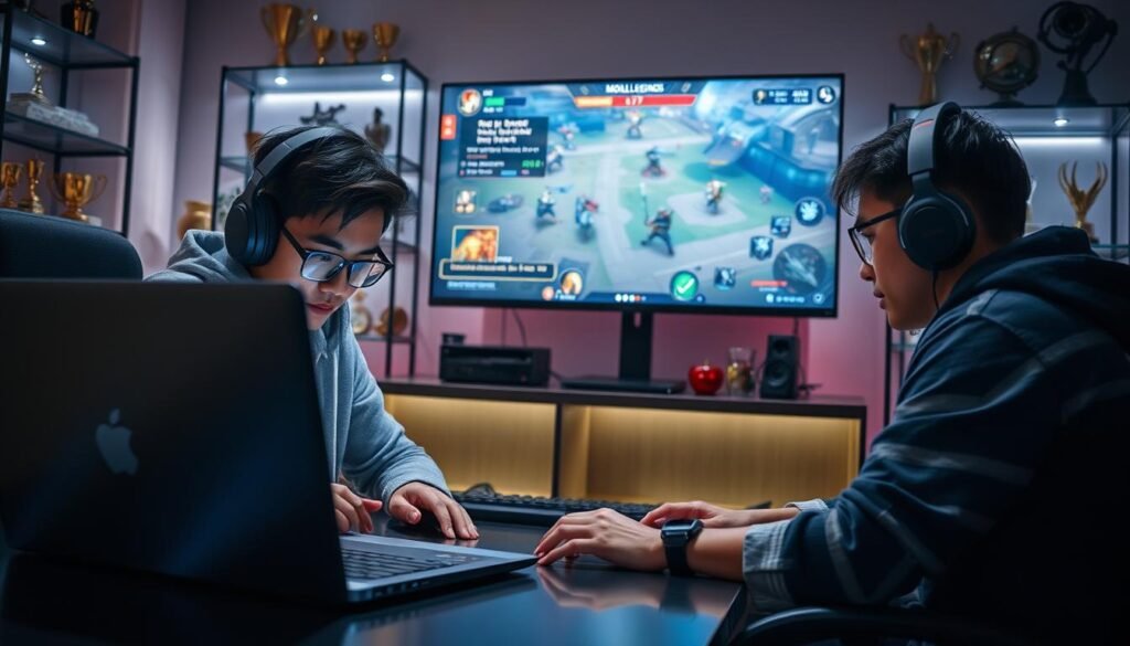 A dynamic scene showcasing two professional Mobile Legends players intensely strategizing in a modern gaming setup. In the foreground, one player is focused on a high-end gaming laptop, their face illuminated by the screen's glow. They are wearing comfortable yet stylish casual clothing, with headphones on for concentration. The middle ground features a large monitor displaying the Mobile Legends interface, highlighting a game map with heroes poised for action. In the background, shelves filled with gaming trophies and collectibles add depth. The lighting is soft and moody, creating a focused atmosphere, while the camera angle is slightly elevated, emphasizing the intensity of their strategy session. The overall mood is competitive and engaging, reflecting the strategic depth of push rank gameplay before a reset.
