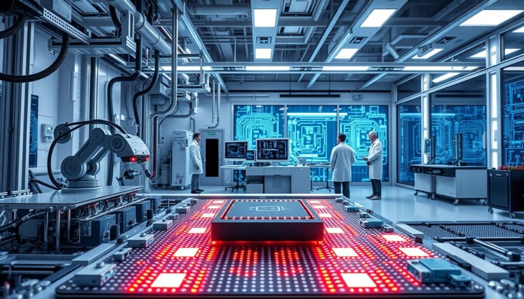 A futuristic semiconductor manufacturing facility featuring advanced 2nm chip production technology. In the foreground, intricate machinery and robotic arms are meticulously assembling tiny silicon wafers, glimmering under bright, cool white LED lights. The middle ground showcases a high-tech clean room with professionals in lab coats and protective gear, focused on monitoring large computer displays that show real-time data and chip schematics. The background reveals towering cleanroom walls with air filtration systems and large glass windows overlooking intricate circuit patterns. The atmosphere is sterile and efficient, with a sense of high precision and innovation. Overall, the image conveys the cutting-edge technological advancements in chip production, emphasizing the sophistication and challenges of the 2nm process.