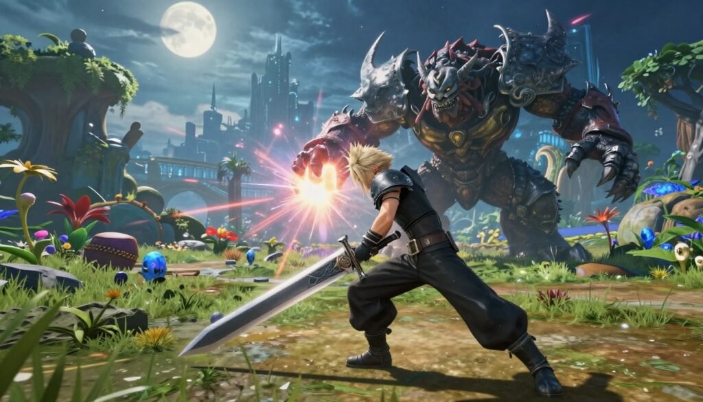 A dynamic scene showcasing the combat system of "Final Fantasy VII Rebirth." In the foreground, a heroic character, dressed in modern fantasy armor with an intricate sword, is engaged in an intense battle stance against a formidable monster, displaying dramatic energy effects. The middle ground features a vibrant, stylized battlefield with distinctive, lush landscapes and mystical elements, reflecting the game’s aesthetic. The background reveals a distant, futuristic city skyline under a starry night sky, illuminated by soft moonlight that casts dramatic shadows across the scene. The mood is exhilarating and adventurous, capturing the essence of epic RPG battles, while utilizing vibrant colors and sharp details to highlight the action. The image should have a cinematic perspective, as if taken from a low angle, enhancing the sense of scale and movement. A dynamic scene showcasing the combat system of "Final Fantasy VII Rebirth." In the foreground, a heroic character, dressed in modern fantasy armor with an intricate sword, is engaged in an intense battle stance against a formidable monster, displaying dramatic energy effects. The middle ground features a vibrant, stylized battlefield with distinctive, lush landscapes and mystical elements, reflecting the game’s aesthetic. The background reveals a distant, futuristic city skyline under a starry night sky, illuminated by soft moonlight that casts dramatic shadows across the scene. The mood is exhilarating and adventurous, capturing the essence of epic RPG battles, while utilizing vibrant colors and sharp details to highlight the action. The image should have a cinematic perspective, as if taken from a low angle, enhancing the sense of scale and movement.