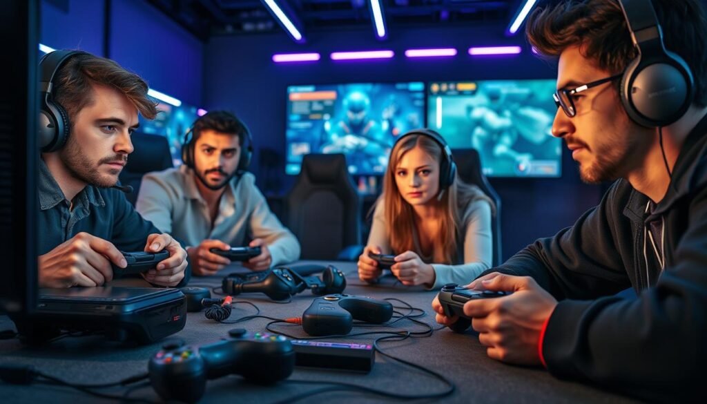 A focused training session for gamers, depicting a diverse group of two players, a man and a woman, immersed in a cooperative gaming challenge. The foreground features their intense expressions as they concentrate on the screens in front of them, clad in casual yet professional clothing. In the middle ground, a variety of gaming equipment lies scattered, showcasing game controllers, headsets, and a large screen displaying complex game mechanics. The background highlights a modern gaming setup, with ambient neon lighting creating a futuristic atmosphere, casting soft glows on the players' faces. The composition should evoke a sense of determination and teamwork, emphasizing the concept of mastering basic game mechanics through focused practice. The perspective captures the players from a slightly above angle, bringing a sense of depth to the scene.