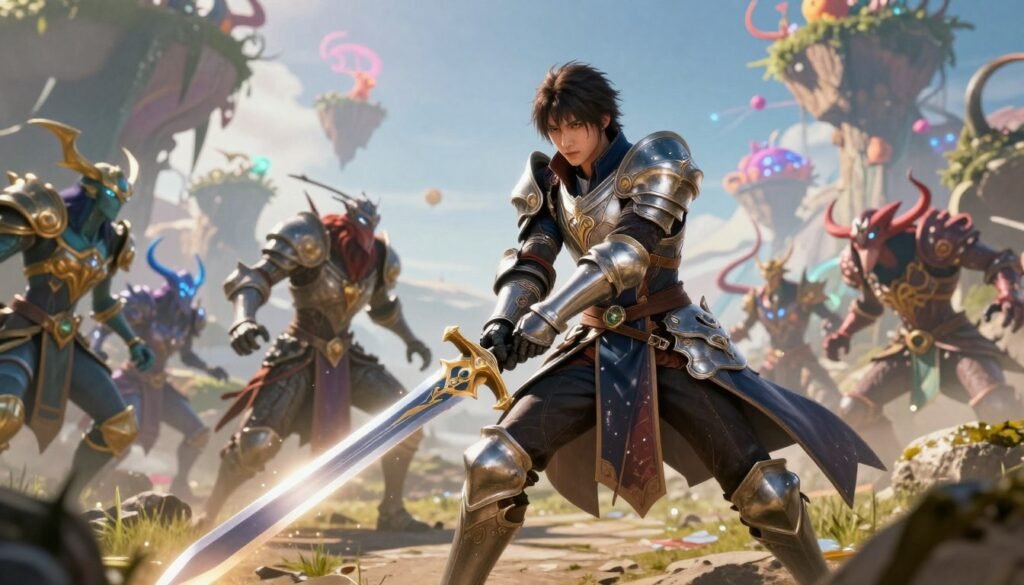 A visually striking scene portraying a dramatic moment from "Metaphor: ReFantazio," emphasizing the combat archetype. In the foreground, a heroic character clad in intricate, fantasy-inspired armor wields a glowing sword, exuding confidence and determination. The middle ground features a group of fantastical enemies, each with unique designs, creating a sense of impending conflict. In the background, an ethereal landscape filled with vibrant colors, floating islands, and mystical creatures sets an otherworldly atmosphere. Soft, cinematic lighting casts dynamic shadows, focusing on the protagonist while enhancing the action. Capture this epic moment from a slightly low angle to emphasize the character's stature and intensity, evoking feelings of adventure and excitement. A visually striking scene portraying a dramatic moment from "Metaphor: ReFantazio," emphasizing the combat archetype. In the foreground, a heroic character clad in intricate, fantasy-inspired armor wields a glowing sword, exuding confidence and determination. The middle ground features a group of fantastical enemies, each with unique designs, creating a sense of impending conflict. In the background, an ethereal landscape filled with vibrant colors, floating islands, and mystical creatures sets an otherworldly atmosphere. Soft, cinematic lighting casts dynamic shadows, focusing on the protagonist while enhancing the action. Capture this epic moment from a slightly low angle to emphasize the character's stature and intensity, evoking feelings of adventure and excitement.